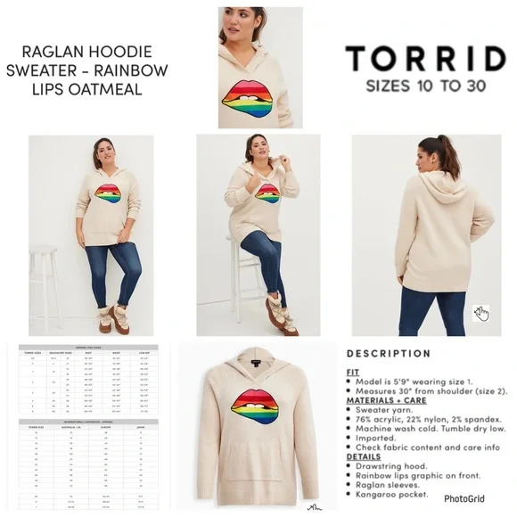 Torrid plus size raglan hoodie sweater rainbow lips oatmeal NWT